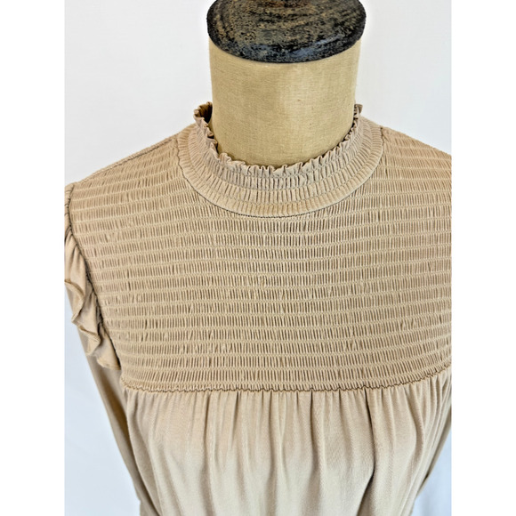 NWT Soya Concept BOUTIQUE Tan Long Sleeve Top w/ Smocking Detail #0429 XS - Picture 5 of 9